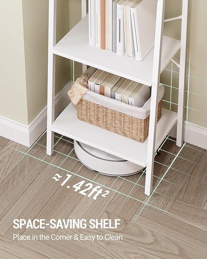 Ladder Shelf, Bookshelf Bookcase, Freestanding Corner Storage Shelve with 2 Hooks for Home Office, Living Room, Kitchen, Bedroom, Industrial, 11.8" D x 17.3" W x 63" H, White BC19213W