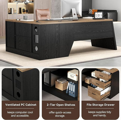 L-Shaped Executive Desk with Drawer, Large Modern Home Office Desk with Cord Hold and Power Outlet, Big Wooden Business Furniture with Lateral File Cabinet for CEO Boss, Oak Black