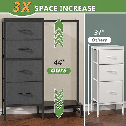 Dresser with Hanging Rack, 4 Drawers Small Closet for Bedroom, Reversible Fabric Kids Chest of Drawers with Clothes Rack, Tall Storage Tower, Sturdy Frame, Grey, 44''H
