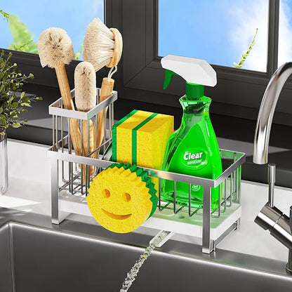 Taugast Sponge Holder for Kitchen Sink,Sink Caddy with Removable Dish Brush Holder,Self-Draining Kitchen Countertop Organizers and Storage Essentials,Soap Dispenser Organize and Home Decor-Silver