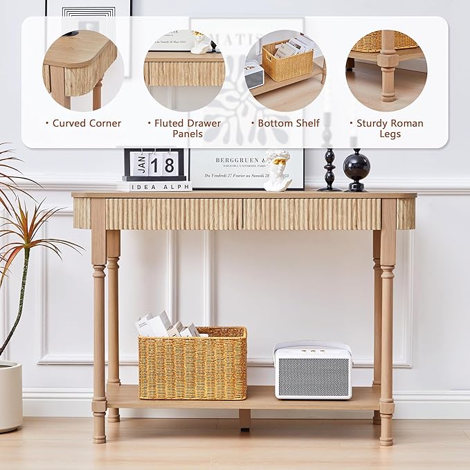 Fluted Console Table for Entryway, 43.3'' Narrow Entryway Tables with 2 Wooden Drawers, Retro Sofa Table Behind Couch Accent Tables for Foyer, Living Room, Hallway (Natural)
