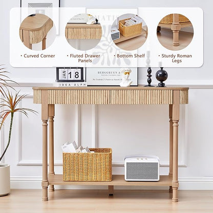 Fluted Console Table for Entryway, 43.3'' Narrow Entryway Tables with 2 Wooden Drawers, Retro Sofa Table Behind Couch Accent Tables for Foyer, Living Room, Hallway (Natural)