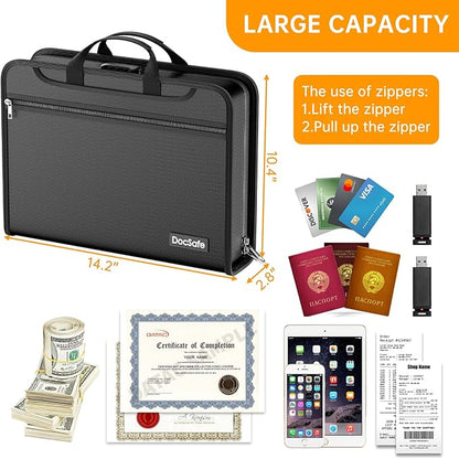 DocSafe Accordion File Organizer Bag with Lock, Fireproof Water Resistant Expanding File Folder with Multi Colorful Pockets,Document Organizer Safe Storage for Important Documents and More, Black