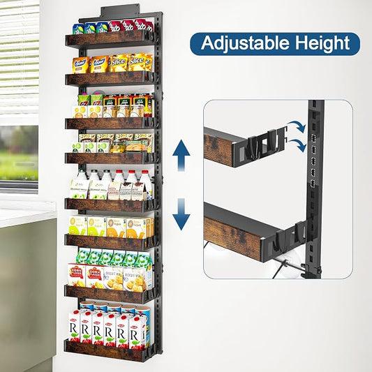BUKFEN 8-Tier Over the Door Pantry Organizer, 2-in-1 Door Hanging or Wall Mounted Spice Rack, Heavy Duty Metal Storage Shelves with Adjustable Wooden Baskets for Kitchen Bathroom Closet