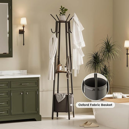 Homeiju Coat Rack Freestanding with Storage Basket & 12 Hooks, Heavy Duty Hall Tree for Entryway, Standing Coat Rack with Shelf for Hallway, Bedroom, Office Organization