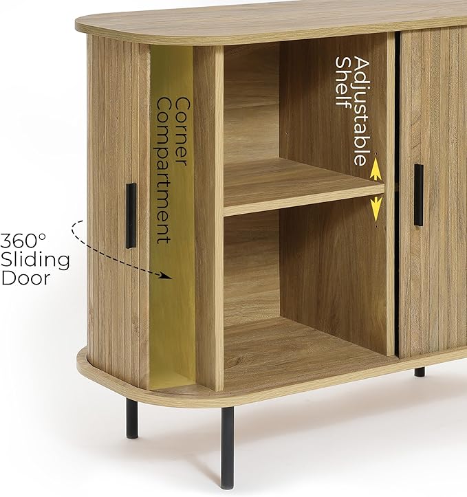 LuxenHome 35” Mid Century Modern Accent Cabinet, Sliding Door Sideboard Buffet Cabinet with Storage, Small Storage Entryway Cabinets for Kitchen, Living Room, Entryway