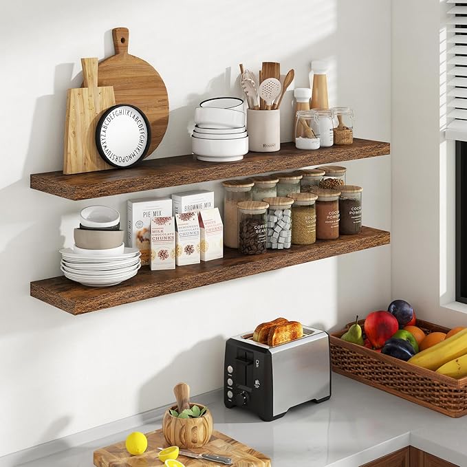 Acovy 48 Inch Floating Shelves, 8 Inch Deep Floating Shelves for Wall, Hanging Shelf with Invisible Brackets, Deep Shelves for Bathroom, Bedroom, Living Room, Brown, Set of 2
