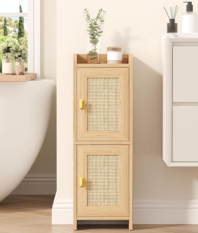 Akxomel Rattan Small Bathroom Cabinet with 2 Doors, 7.9''D x 9.8''W Narrow Toilet Paper Storage Cabinet, Bathroom Organizer for Small Spaces, Wooden Slim Corner Unit with Adjustable Shelf, Natural Oak