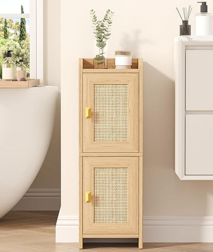 Akxomel Rattan Small Bathroom Cabinet with 2 Doors, 7.9''D x 9.8''W Narrow Toilet Paper Storage Cabinet, Bathroom Organizer for Small Spaces, Wooden Slim Corner Unit with Adjustable Shelf, Natural Oak
