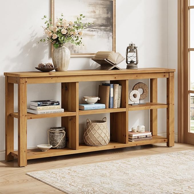 63-Inch Solid Wood Console Sofa Table, 3-Tier Narrow Farmhouse Entryway Table with 6 Storage Cubes for Living Room, Hallway, Brown