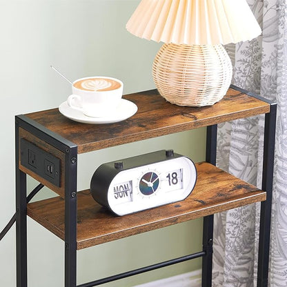 HOOBRO Small Narrow Side Table with Charging Station Set of 2, Skinny End Table for Small Spaces, Slim Nightstand with USB Ports Outlet, Sofa Beside Table with Storage Shelf BF102UBZP201