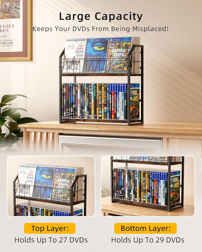 2-Tier DVD Storage Rack, DVD Shelf for Non-slip Feets, DVD Holder Display with 10lb per Tier, Stores Up to 56 DVDs, Display Organizer Tower for Music Enthusiasts and Collection