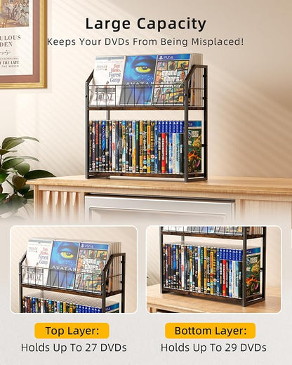 2-Tier DVD Storage Rack, DVD Shelf for Non-slip Feets, DVD Holder Display with 10lb per Tier, Stores Up to 56 DVDs, Display Organizer Tower for Music Enthusiasts and Collection