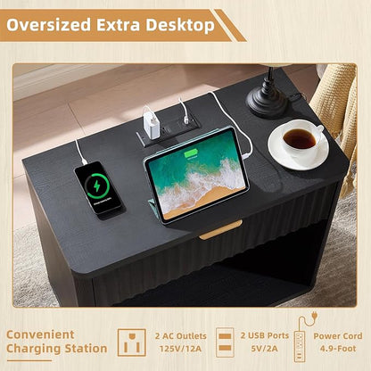 LEYAOYAO 31" Wide Fluted Nightstand with Charging Station, Oversized Extra Large 1 Drawer Night Stand with Golden Handle, Black Wood Bedside Table Tall End Tables,for Bedroom, Living Room, Hallway