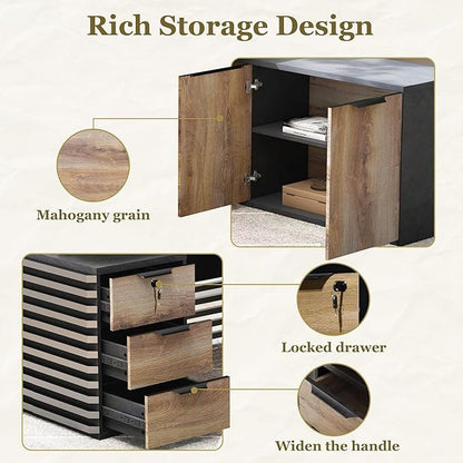 SAINTCY 78.74In L Shaped Executive Standing Desk with Drawers, Large Modern Adjustable Heigh Home Office Desk w/Universal Charging Ports, Business Workstation, Black and Warm Oak
