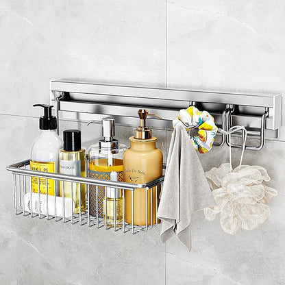 MINGLING Shower Caddy Hanging with Wall Back Crossbar, Rustproof 304 Stainless Steel Shower Organizer, Adhesive Bathroom Wall Storage Basket for Kitchen and Home Decor