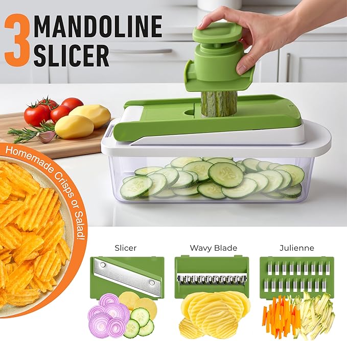 MUELLER HOME Pro-Series 10-in-1, 8 Blade Vegetable Chopper, Onion Mincer, Cutter, Dicer, Egg Slicer with Container, French Fry Cutter Potato Slicer, Home Essentials, Salad Chopper White Sand/Green