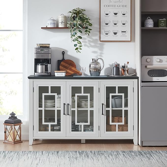Large Sideboard Buffet Cabinet with Storage, 55" Farmhouse White Kitchen Coffee Wine Bar Cabinet with 3 Glass Doors, Wood Mid Century Modern Side Board Table for Dining Room, Living Room