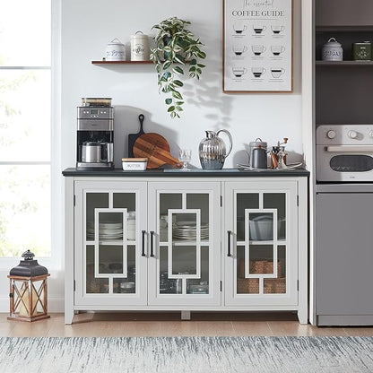 Large Sideboard Buffet Cabinet with Storage, 55" Farmhouse White Kitchen Coffee Wine Bar Cabinet with 3 Glass Doors, Wood Mid Century Modern Side Board Table for Dining Room, Living Room