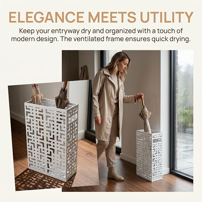 BEWBBAT Umbrella Holder Stand for Entryway, Square Metal Umbrella Rack, Freestanding Rectangular Hollow Rack for Home Office, 16 x 10 x 5 Inch, White