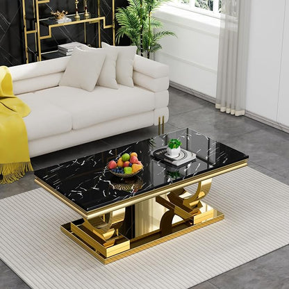 2 Piece Living Room Table Set Include 1 Faux Marble Coffee Table & 1 Console Table, Modern Black Gold Coffee Table Set of 2 with Double O Shape Stainless Steel Pedestal Base