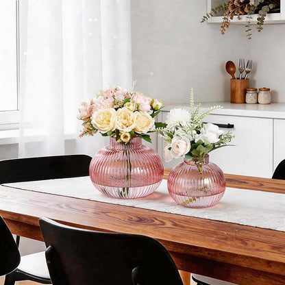 Pink Glass Vases for Tulips, Set of 2, Flower Vases for Bouquet, Ribbed Glass Vase for Flowers, Short Vase for Living Room, Office, Coffee Table, Shelf, Wedding