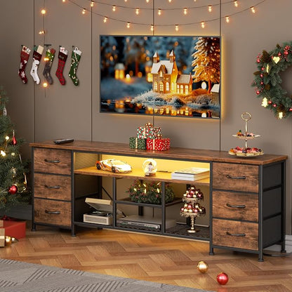 Furologee LED TV Stand for 65, 75, 80 Inch TV, 71 Inch Entertainment Center with Power Outlets, 6 Fabric Drawers Dresser for Bedroom, Media Console with Open Shelves, Rustic Brown