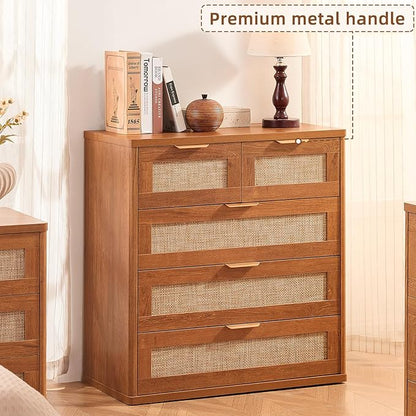 LEYAOYAO Rattan Dresser for Bedroom, 33.5" Tall Chest of Drawers, Modern 5 Drawers Boho Dressers with Storage, Vintage Brown Dresser Wooden Closet Organizer for Living Room, Hallway