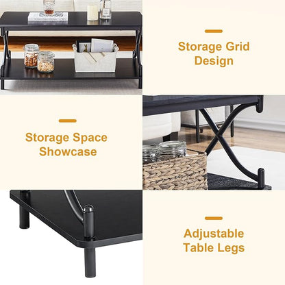 VECELO Coffee Table for Living Room with Round Corners Modern Farmhouse Center Table with Storage Shelf for Home Office 39 Inch, Easy Assembly, Glossy Black