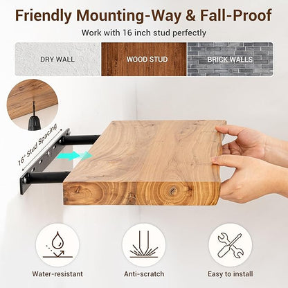 fuqing Live Edge Floating Shelves for Wall 72 Inch - 9 Inch Deep Rustic Solid Elm Wood Floating Wall Shelves - Natural Wooden Shelves with Heavy Duty Brackets and Anchors