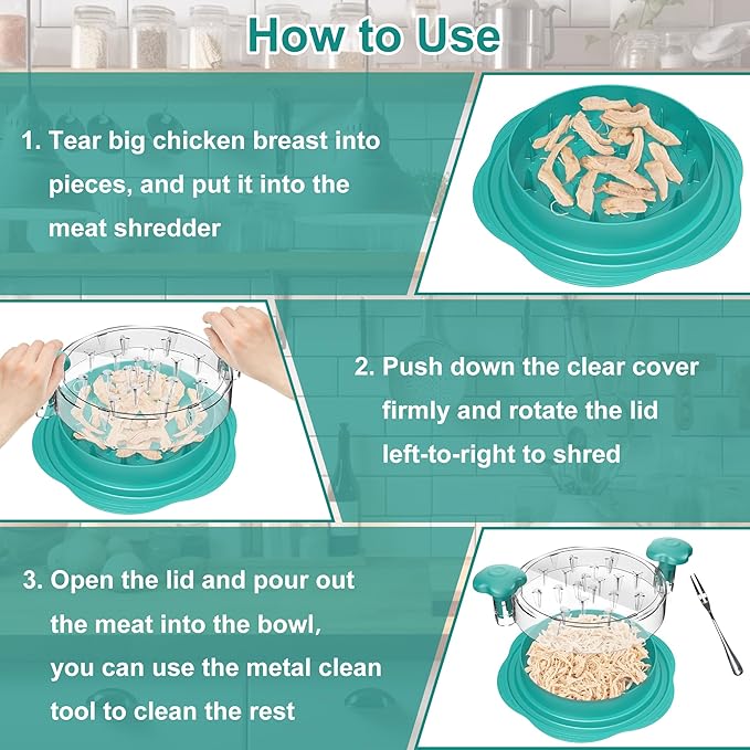 SURETIVIAN Chicken Shredder Tool Twist Large Chicken Breast Shredder with Brush&Fork, Visible Meat Shredder Machine, Anti-Slip Strip, Ergonomic Handle, BPA Free, Pork Beef Chicken (Teal)