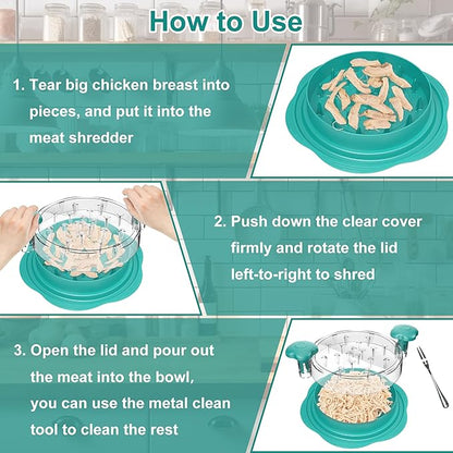 SURETIVIAN Chicken Shredder Tool Twist Large Chicken Breast Shredder with Brush&Fork, Visible Meat Shredder Machine, Anti-Slip Strip, Ergonomic Handle, BPA Free, Pork Beef Chicken (Teal)