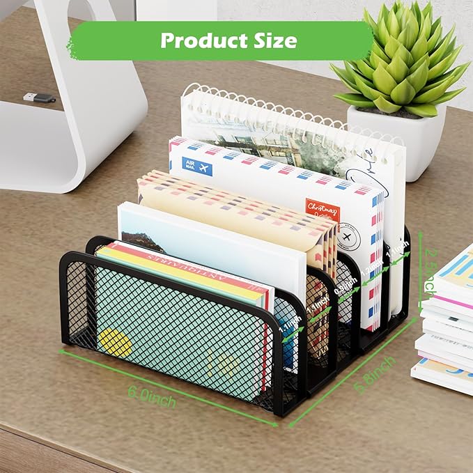 Mail Organizer Countertop, Metal File Holder with 5-Slot, Small Desk File Organizer for Letter, Bill, Mail Sorter, Desktop Letter Folder Holders for Office, Home, School (Black)