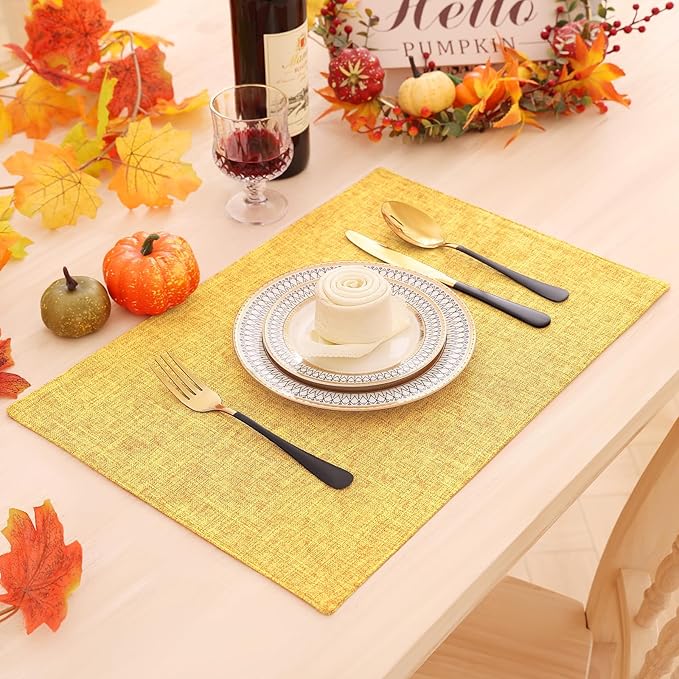 Homaxy Cloths Placemats for Dining Table Set of 6, Heat Resistant Washable Cotton Linen Blend Table Mats, Place Mats for Indoor Outdoor Party Kitchen Decoration, 13" x 19", Mustard Yellow