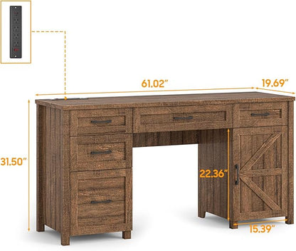 Vabches Farmhouse 61'' Executive Desk with 5 Drawers, Rustic Office Desk Computer Desk with Charging Station, File Drawers and Storage Cabinet, Wood Workstation for Study and Home Office, Red-Brown.