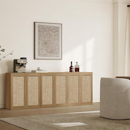 SICOTAS Rattan Sideboard Storage Cabinet - Boho Credenza Coffee Bar Cabinet with Doors & Adjustable Shelves, Large Farmhouse Buffet Console Table for Living Room, Kitchen, Entryway, Amber Oak