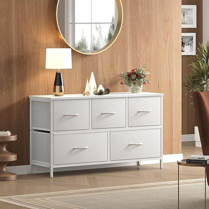 OLIXIS Dresser for Bedroom with 5 Drawers, Wide Chest of Drawers, Fabric Bedroom Dresser with Drawer Organizers, Storage Organizer Unit with Fabric Bins for Closet, Living Room, Hallway,White