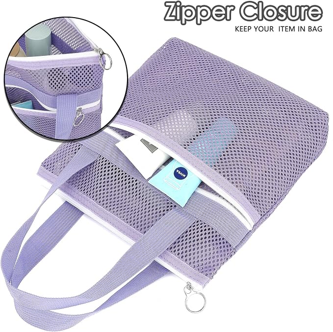 GYEUKHAM Portable Mesh Shower Caddy with 2 Zipper Pockets & Dual Handles, Quick-Drying Hanging Shower Tote for College Dorm, Gym, Travel & Camping, Purple