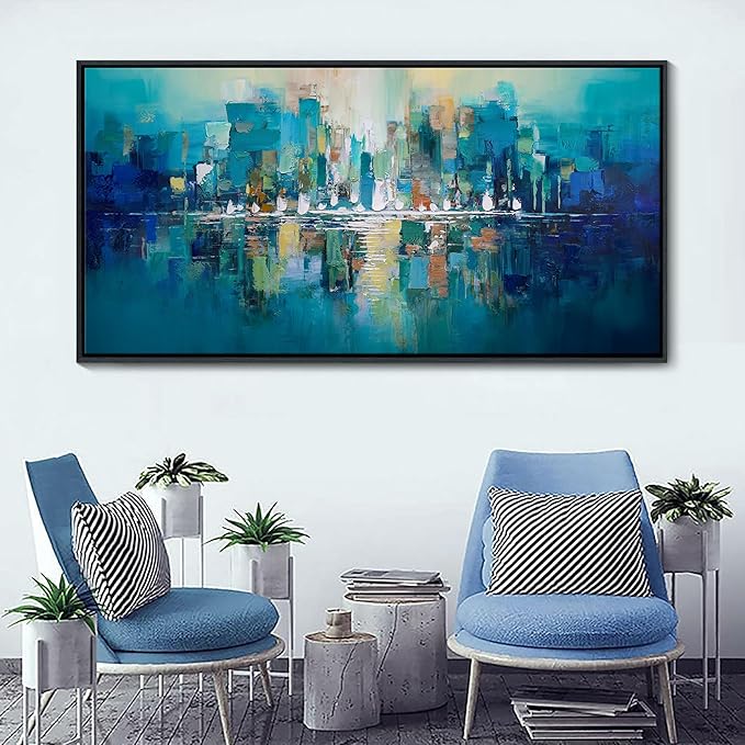 YDYSUNE Teal and White Abstract City Wall Art - Large Framed Canvas Painting, Contemporary Modern Wall Decor Picture & Artwork for Living Room, Office, Bedroom, Ready to Hang Size 29x58 Inch