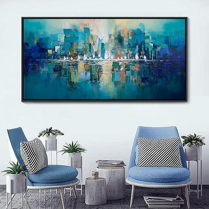 YDYSUNE Teal and White Abstract City Wall Art - Large Framed Canvas Painting, Contemporary Modern Wall Decor Picture & Artwork for Living Room, Office, Bedroom, Ready to Hang Size 29x58 Inch