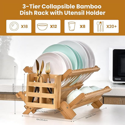 NOVAYEAH Bmaboo Dish Drying Rack for Kitchen Counter 3-Tier Collapsible Wooden Dish Drying Rack with Utensil Holder Dish Drainer Large Folding Dish Rack with Utensils Flatware Holder 51 pcs Grid
