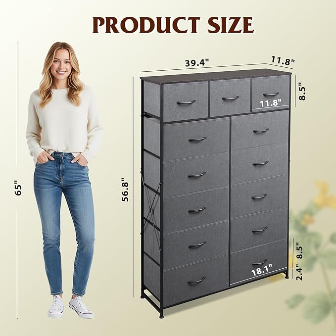 Tall Console Table with 13 Fabric Drawers, Entryway Table with Storage, Tall Storage Organizer with Wood Top, Steel Frame for Living Room, Hallway, Office, Dark Grey