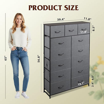 Tall Console Table with 13 Fabric Drawers, Entryway Table with Storage, Tall Storage Organizer with Wood Top, Steel Frame for Living Room, Hallway, Office, Dark Grey
