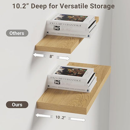 Vivelove 10" Deep Floating Shelves Over Toilet, 16" Wall Shelves for Bathroom Bedroom Kitchen Living Room Laundry Room, Modern Rustic Shelves for Home Decor, 16"x10.2"x1.5", Set of 2, Oak