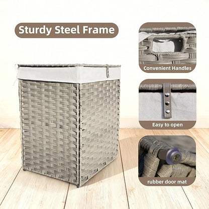Woven Laundry Hamper with Lid,34 Gal(130 L) Rattan Wicker Laundry Basket 2 Sections with Lid, Removable Machine Washable Line, Large Clothes Hamper with Handles for Bathroom Bedroom, Gray