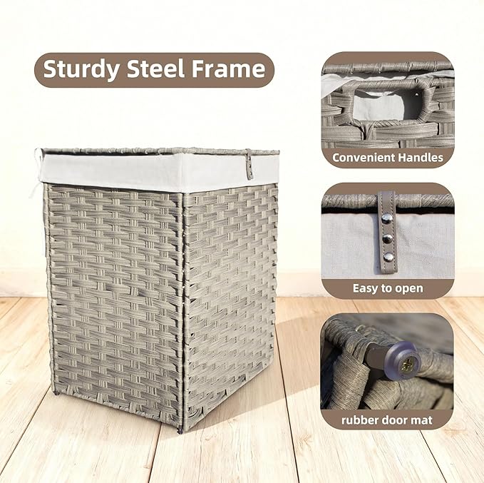 Woven Laundry Hamper with Lid,24Gal (90 L) Rattan Wicker Laundry Basket 2 Sections with Lid, Removable Machine Washable Line, Large Clothes Hamper with Handles for Bathroom Bedroom, Gray