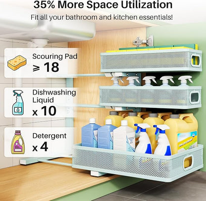 Under Sink Organizer, 1-Pack 3-Tier Height Adjustable Thickened Metal Pull out Cabinet Organizer Shelf, Slide out Storage Drawer Rack for Bathroom Kitchen Pantry Home Organization, LightBlue