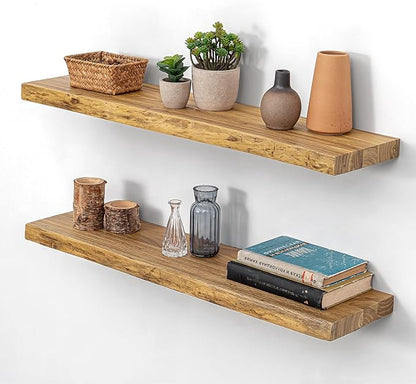 Rustic Floating Shelves for Home Decor, 32 Inch Long Wall Shelves Set of 2, Solid Elm Wood Live Edge Floating Shelf for Wall, 8 Inch Deep Bookshelf for Storage, 32 x 8 Bathroom Shelf, Natural Color