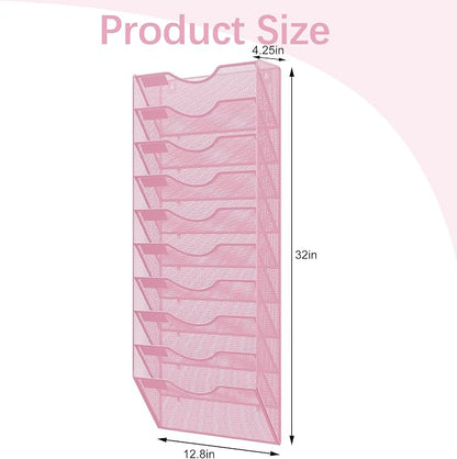 EasyPAG 10 Pocket Mesh Wall File Organizer, Hanging Paper Folder Holder with Classify Label, Vertical Wall Mount Mail Organizer for Office Home Classroom, Pink
