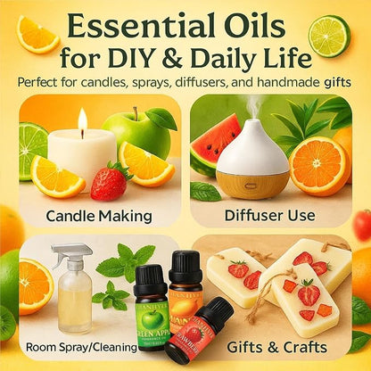 Fruity Essential Oils Set-6x10ml-Green Apple,Watermelon,Strawberry,Pineapple,Blood Orange,Mango,Sweet Aromatherapy Oils for Diffuser,Humidifier,Candle&Soap Making